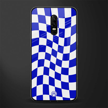blue white trippy check pattern glass case for oneplus 6 image