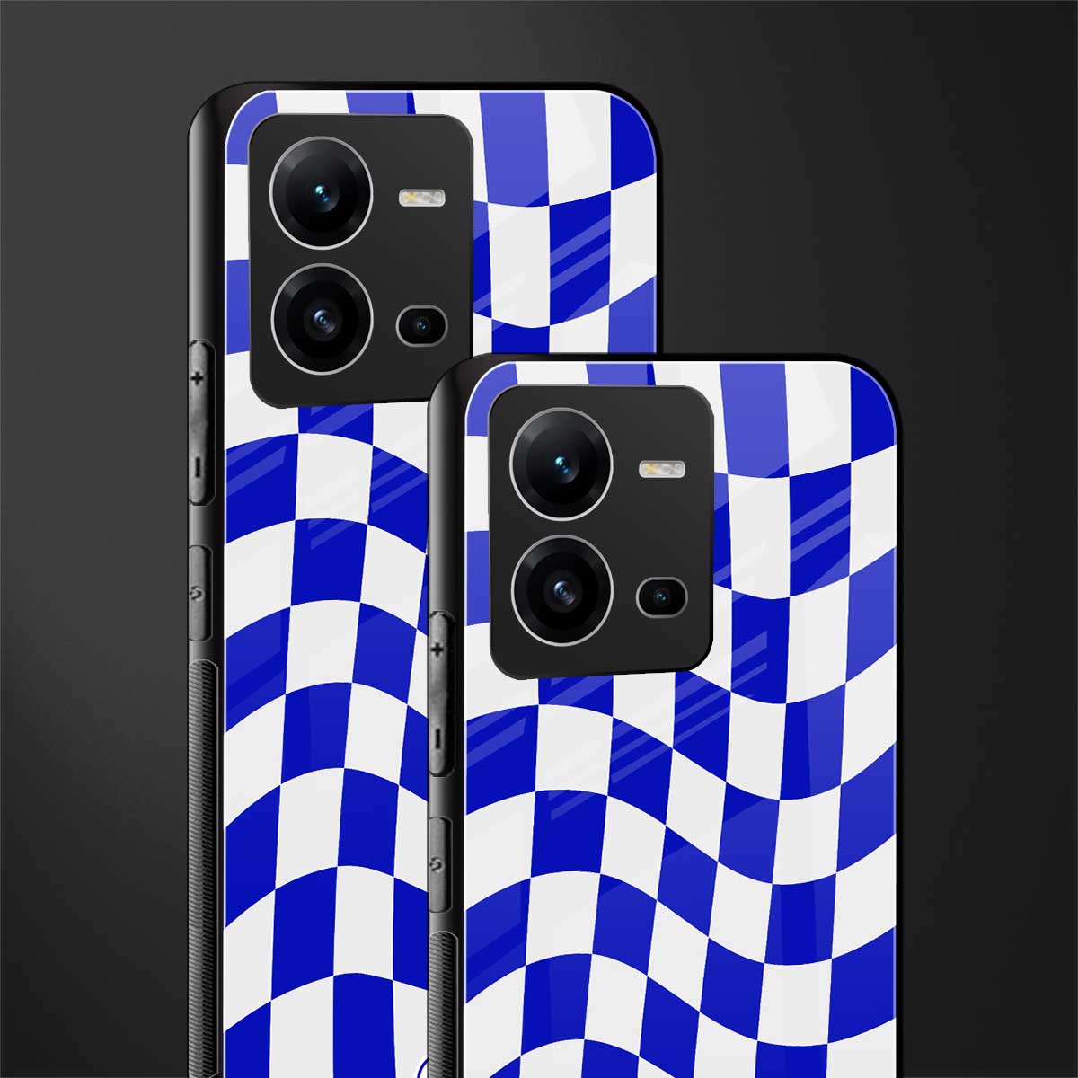 blue white trippy check pattern back phone cover | glass case for vivo v25-5g