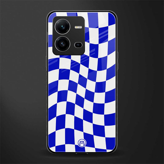 blue white trippy check pattern back phone cover | glass case for vivo v25-5g
