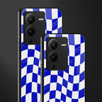 blue white trippy check pattern back phone cover | glass case for vivo v25 pro 5g