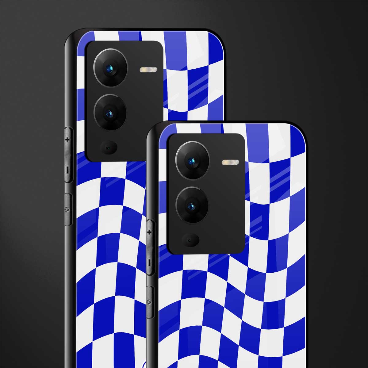 blue white trippy check pattern back phone cover | glass case for vivo v25 pro 5g