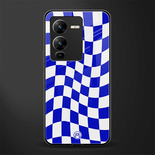 blue white trippy check pattern back phone cover | glass case for vivo v25 pro 5g
