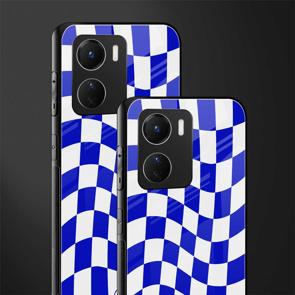 blue white trippy check pattern back phone cover | glass case for vivo y16