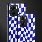 blue white trippy check pattern back phone cover | glass case for vivo y16