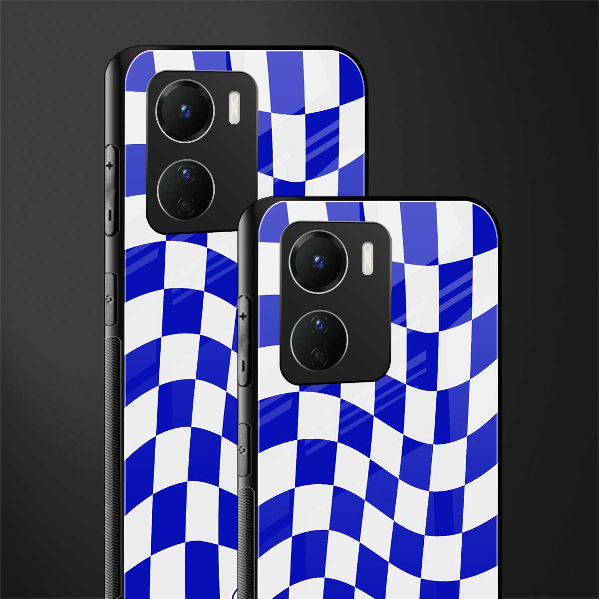 blue white trippy check pattern back phone cover | glass case for vivo y16