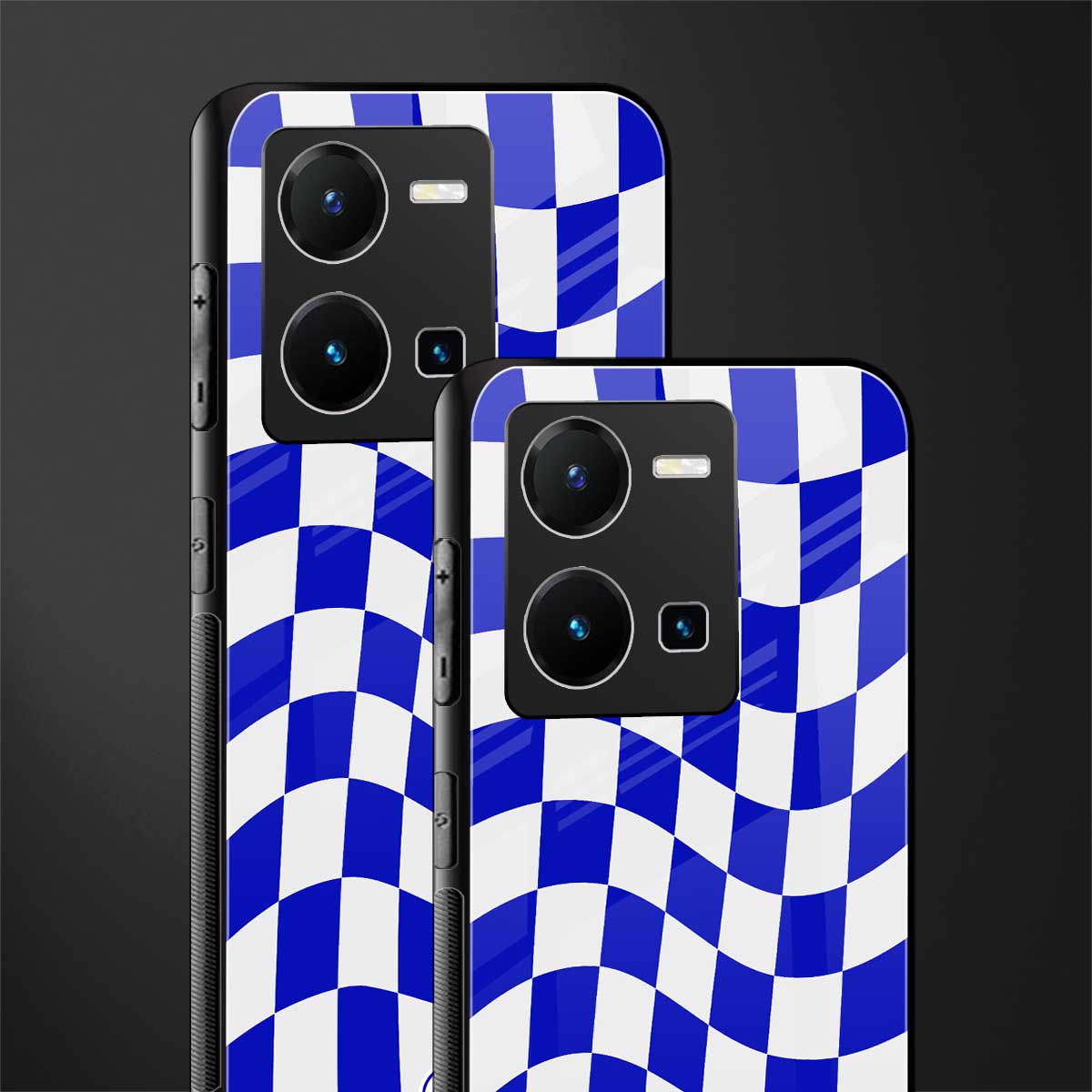 blue white trippy check pattern back phone cover | glass case for vivo y35 4g