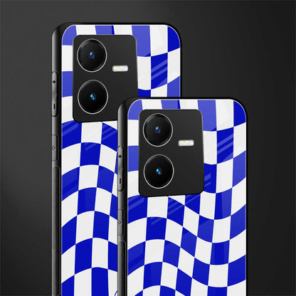 blue white trippy check pattern back phone cover | glass case for vivo y22