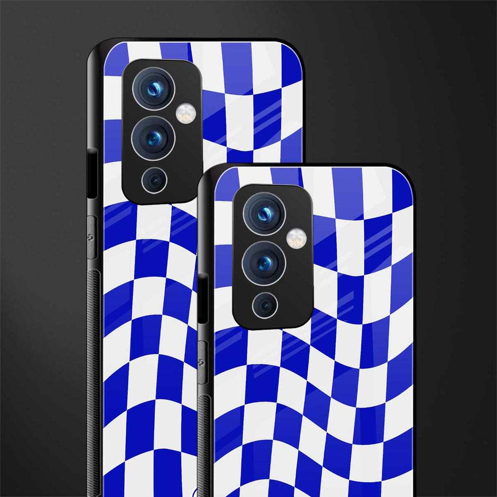 blue white trippy check pattern back phone cover | glass case for oneplus 9