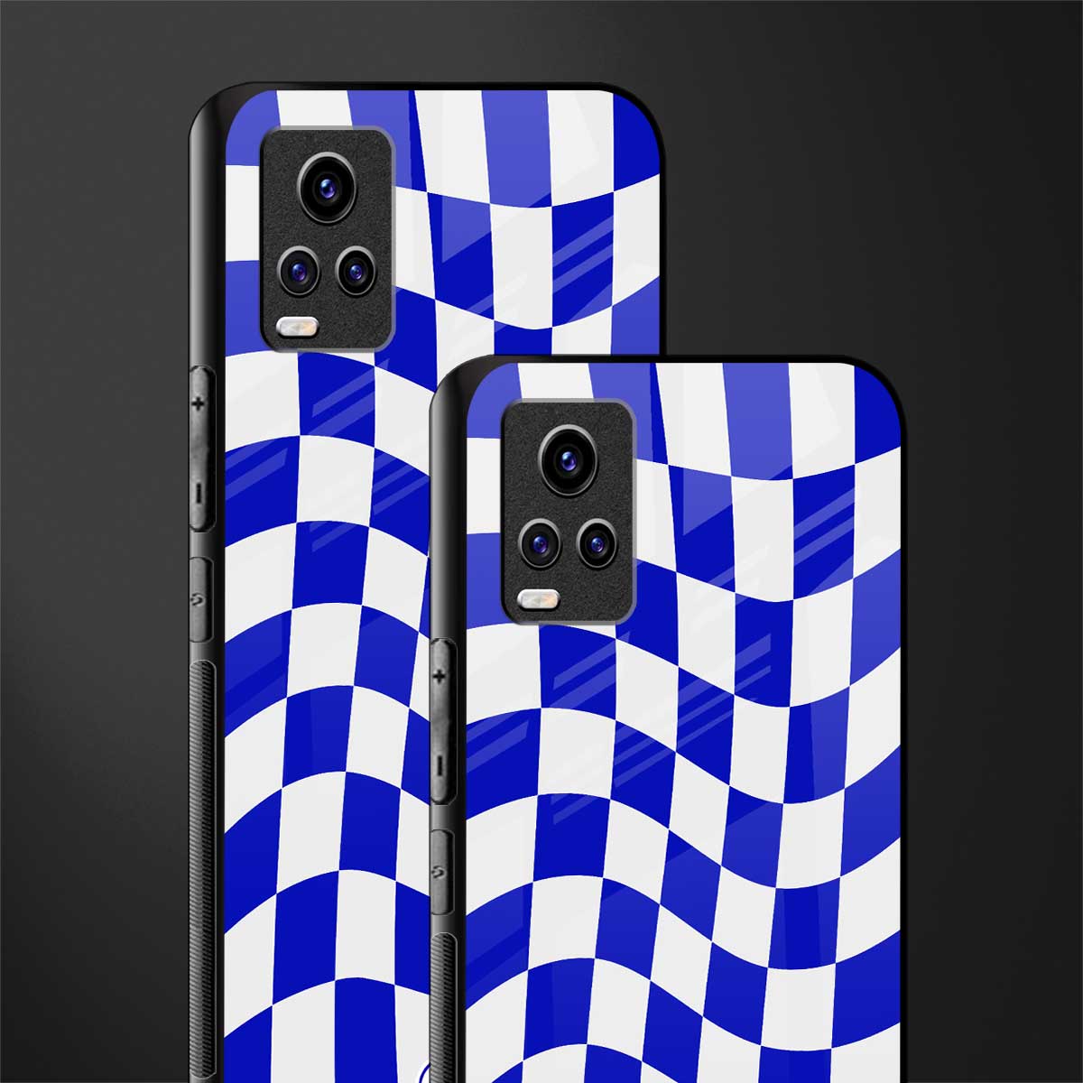blue white trippy check pattern back phone cover | glass case for vivo v21e 4g