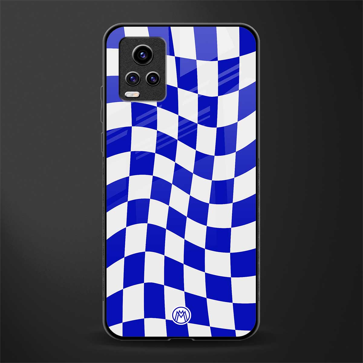 blue white trippy check pattern back phone cover | glass case for vivo v21e 4g