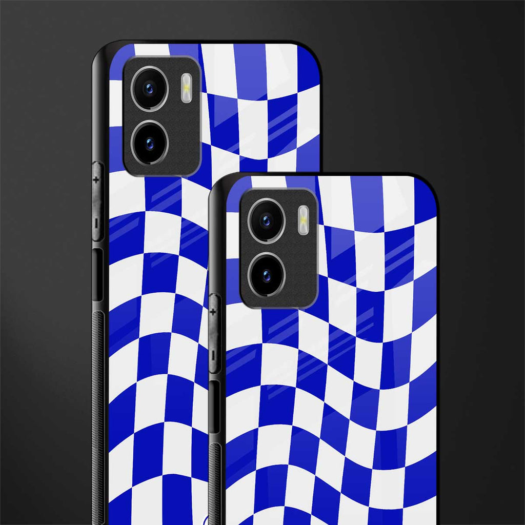 blue white trippy check pattern back phone cover | glass case for vivo y72