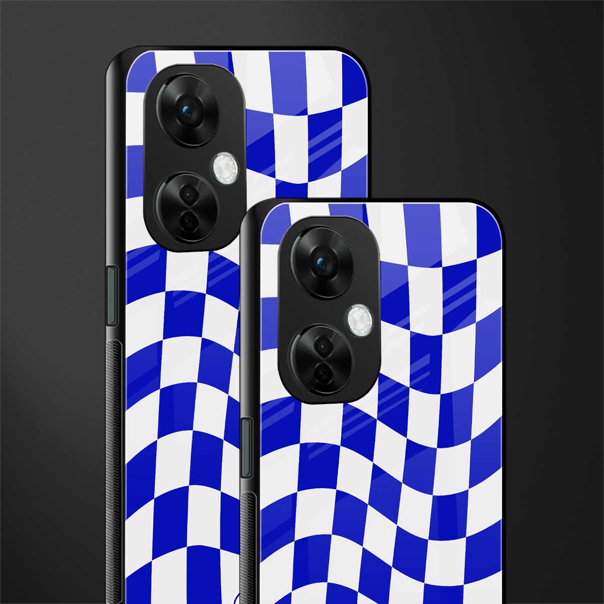 blue white trippy check pattern back phone cover | glass case for oneplus nord ce 3 lite