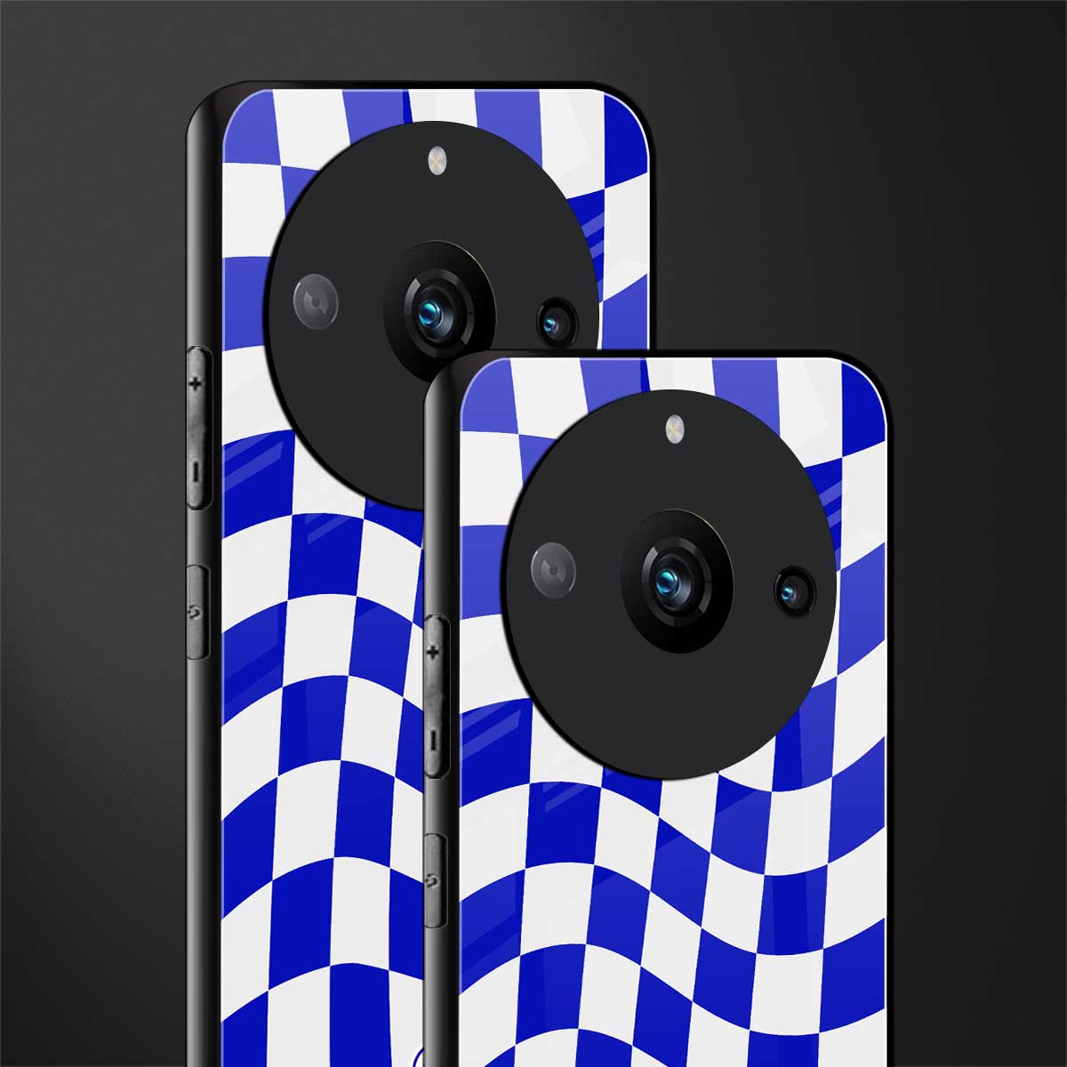 blue white trippy check pattern back phone cover | glass case for realme 11 pro 5g