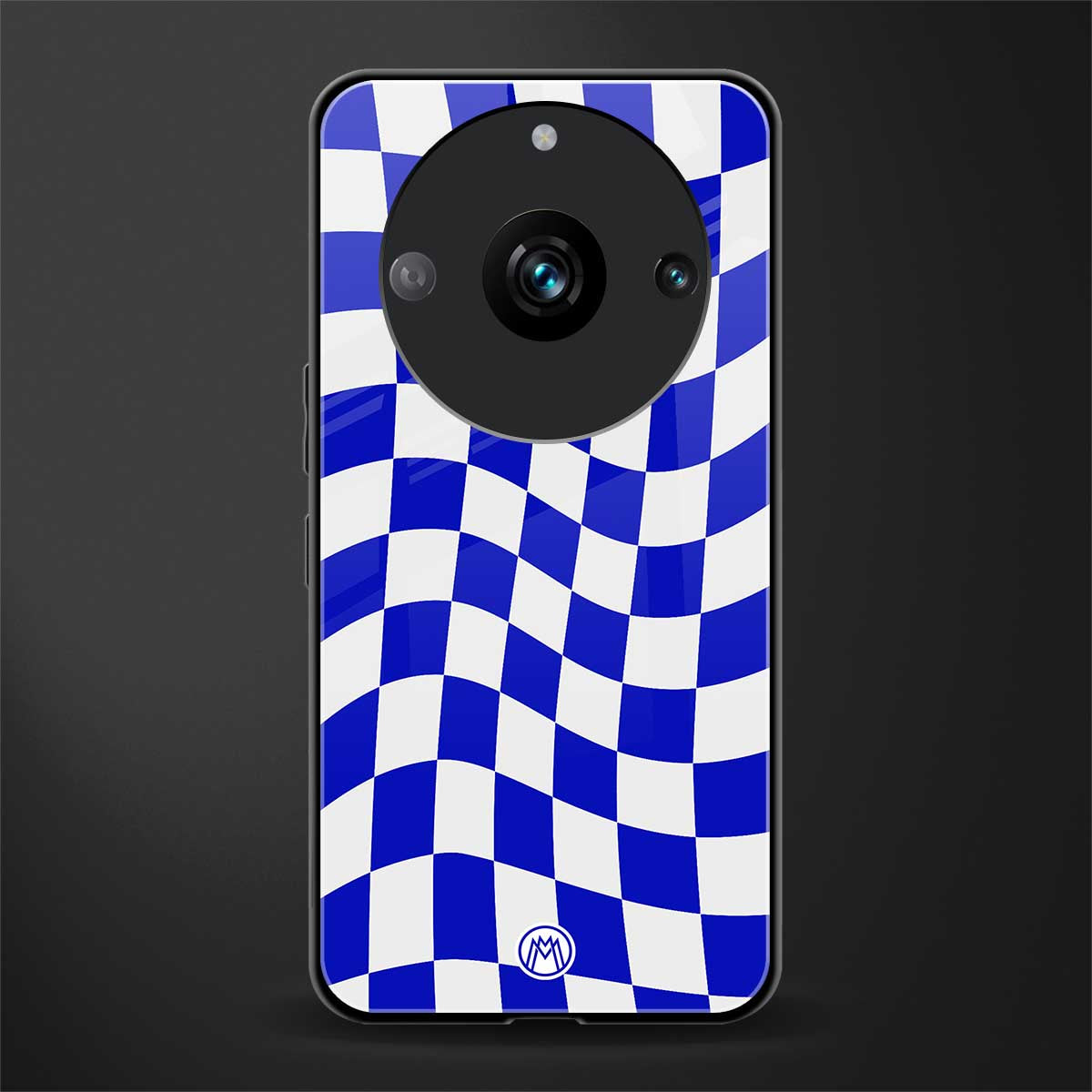 blue white trippy check pattern back phone cover | glass case for realme 11 pro 5g