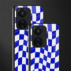 blue white trippy check pattern back phone cover | glass case for vivo t1 44w 4g
