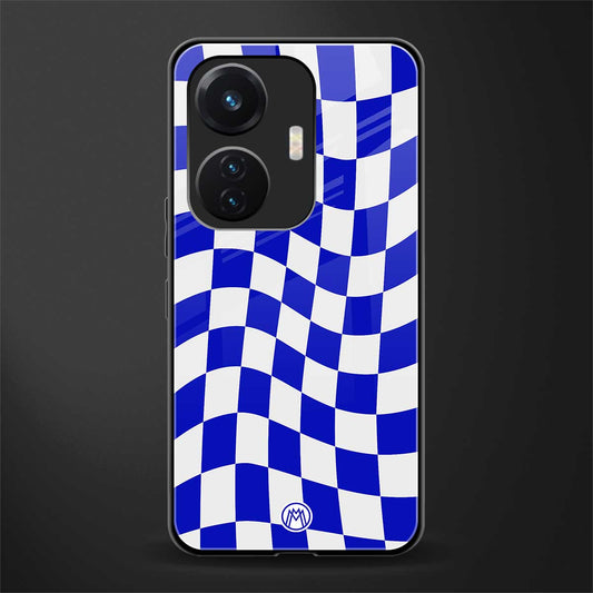 blue white trippy check pattern back phone cover | glass case for vivo t1 44w 4g
