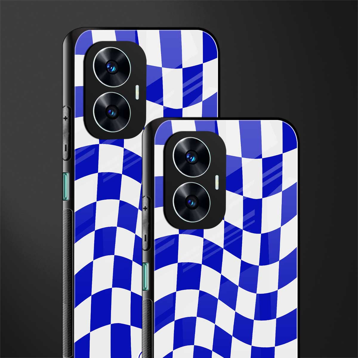 blue white trippy check pattern back phone cover | glass case for realme c55