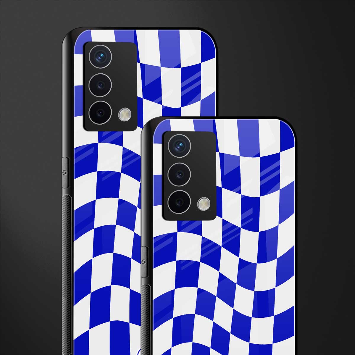 blue white trippy check pattern back phone cover | glass case for oppo a74 4g