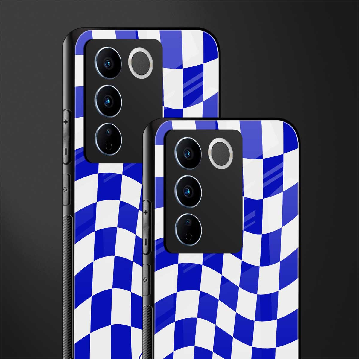 blue white trippy check pattern back phone cover | glass case for vivo v27 pro 5g