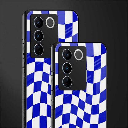 blue white trippy check pattern back phone cover | glass case for vivo v27 pro 5g