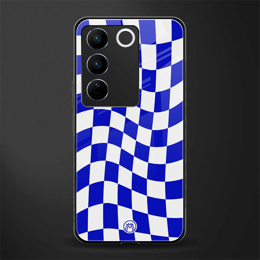 blue white trippy check pattern back phone cover | glass case for vivo v27 pro 5g