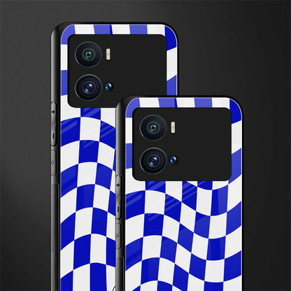 blue white trippy check pattern back phone cover | glass case for iQOO 9 Pro