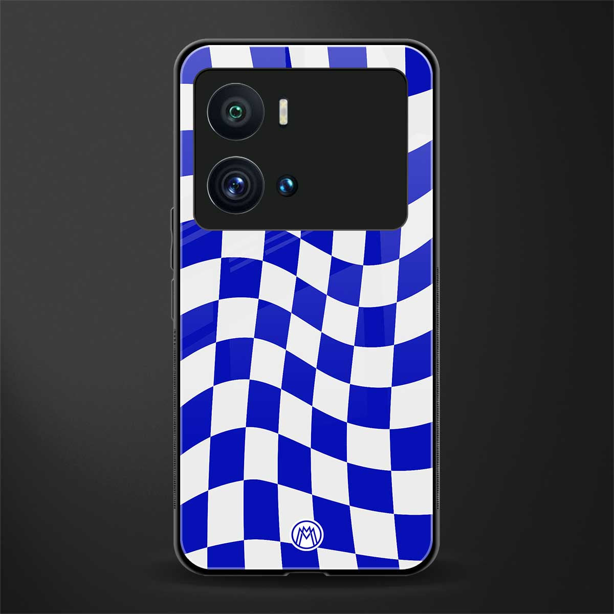 blue white trippy check pattern back phone cover | glass case for iQOO 9 Pro