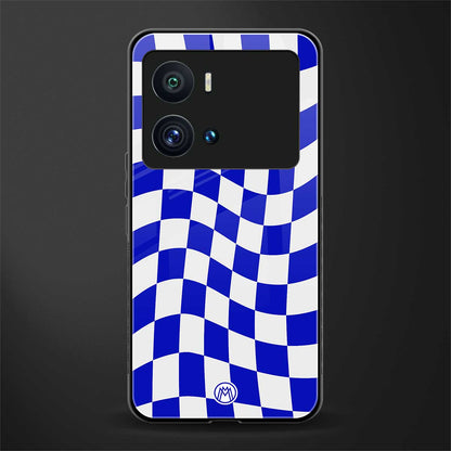 blue white trippy check pattern back phone cover | glass case for iQOO 9 Pro
