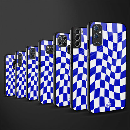 blue white trippy check pattern back phone cover | glass case for vivo t1 44w 4g