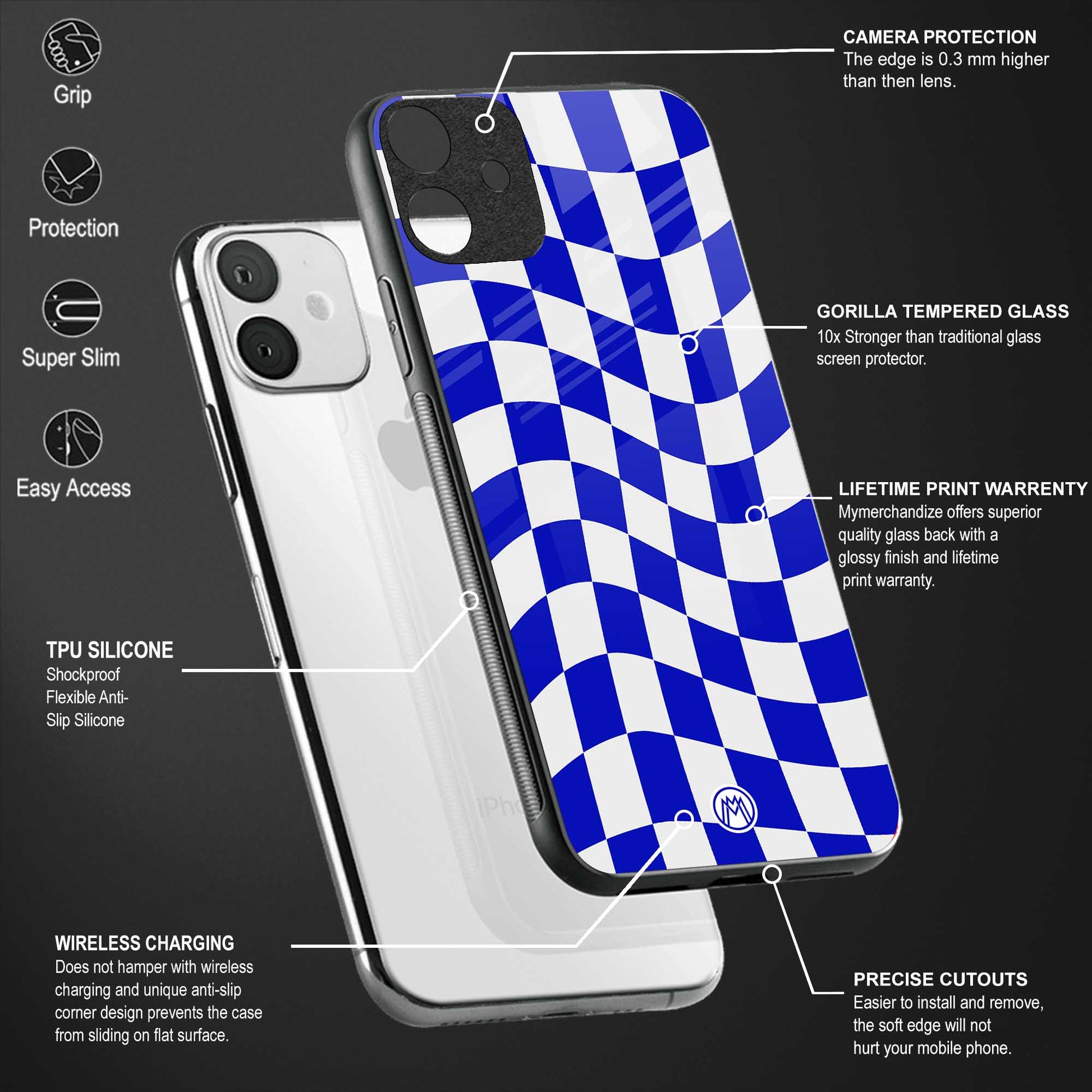blue white trippy check pattern glass case for iphone xr image-4