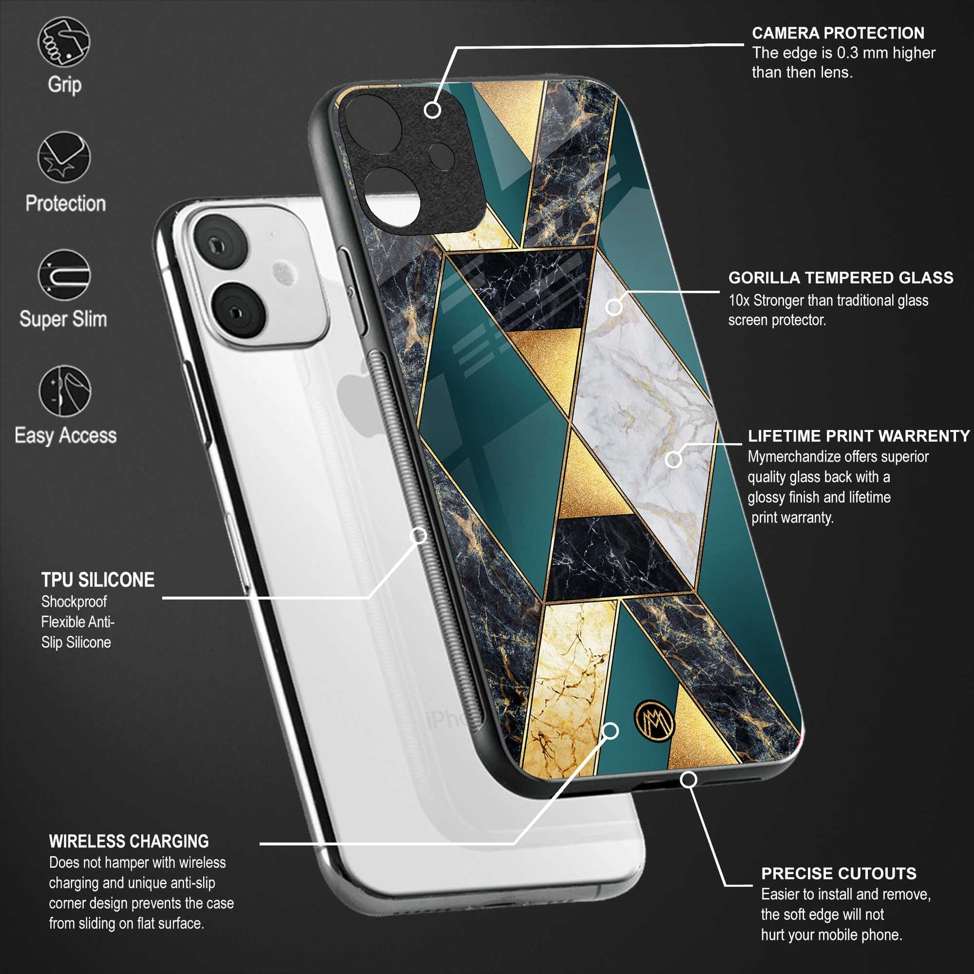 cadmium gold marble back phone cover | glass case for vivo t1 44w 4g