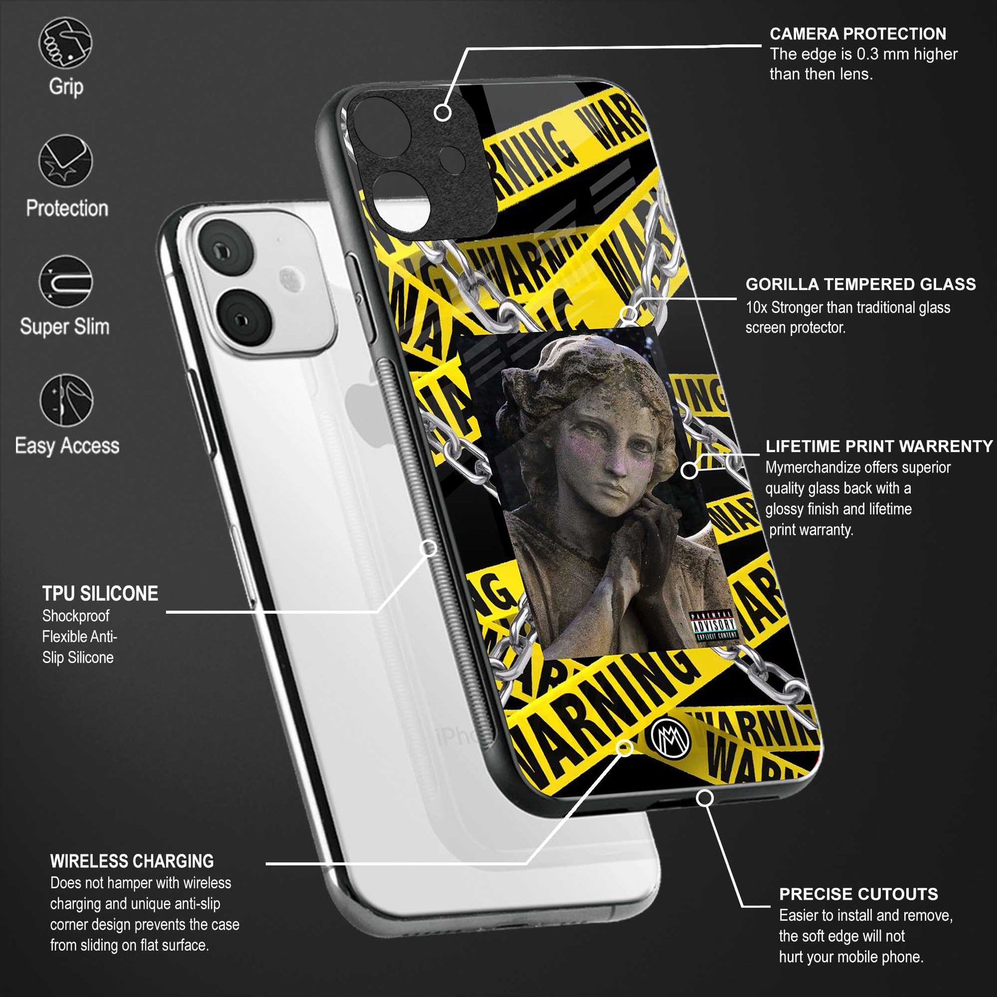 caution back phone cover | glass case for vivo y22
