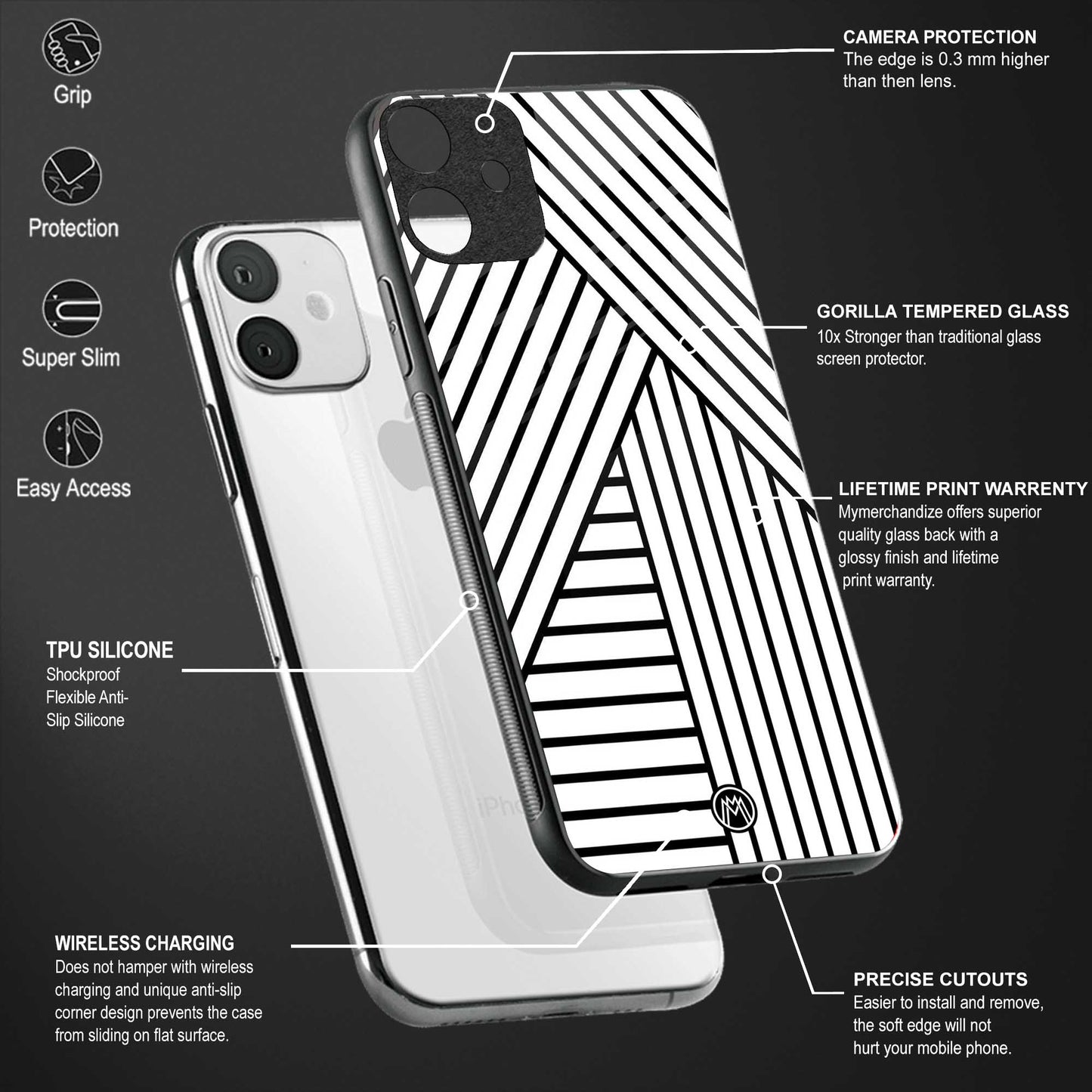 classic white black patten back phone cover | glass case for vivo v25-5g