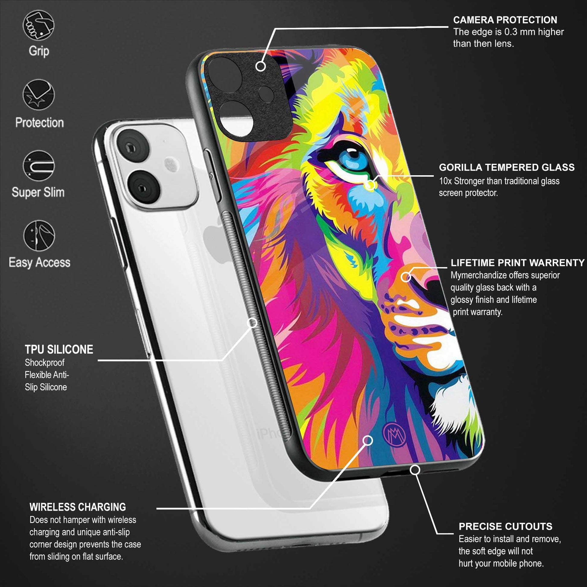 colourful fierce lion back phone cover | glass case for vivo t1 44w 4g