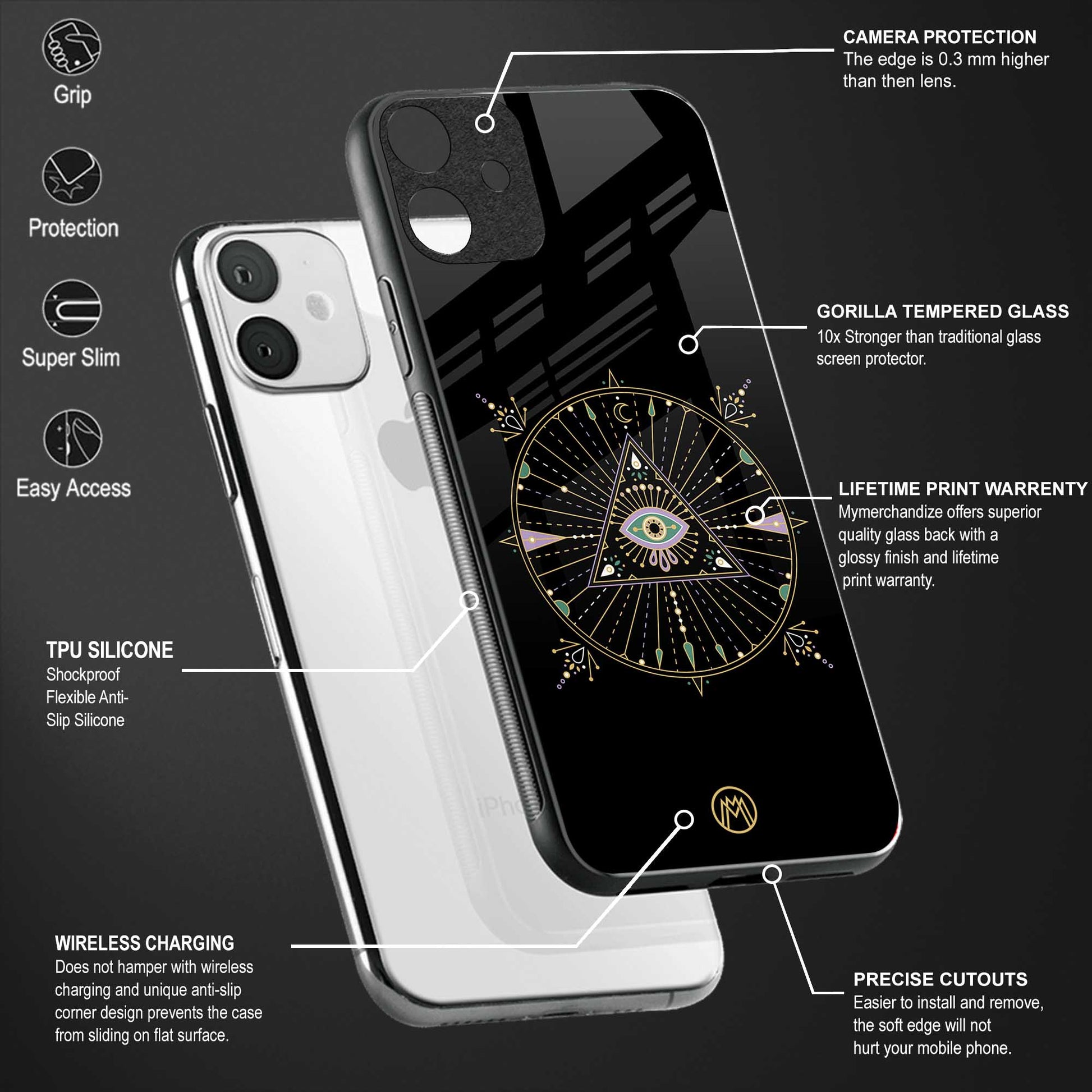 evil eye mandala black back phone cover | glass case for vivo t1 44w 4g