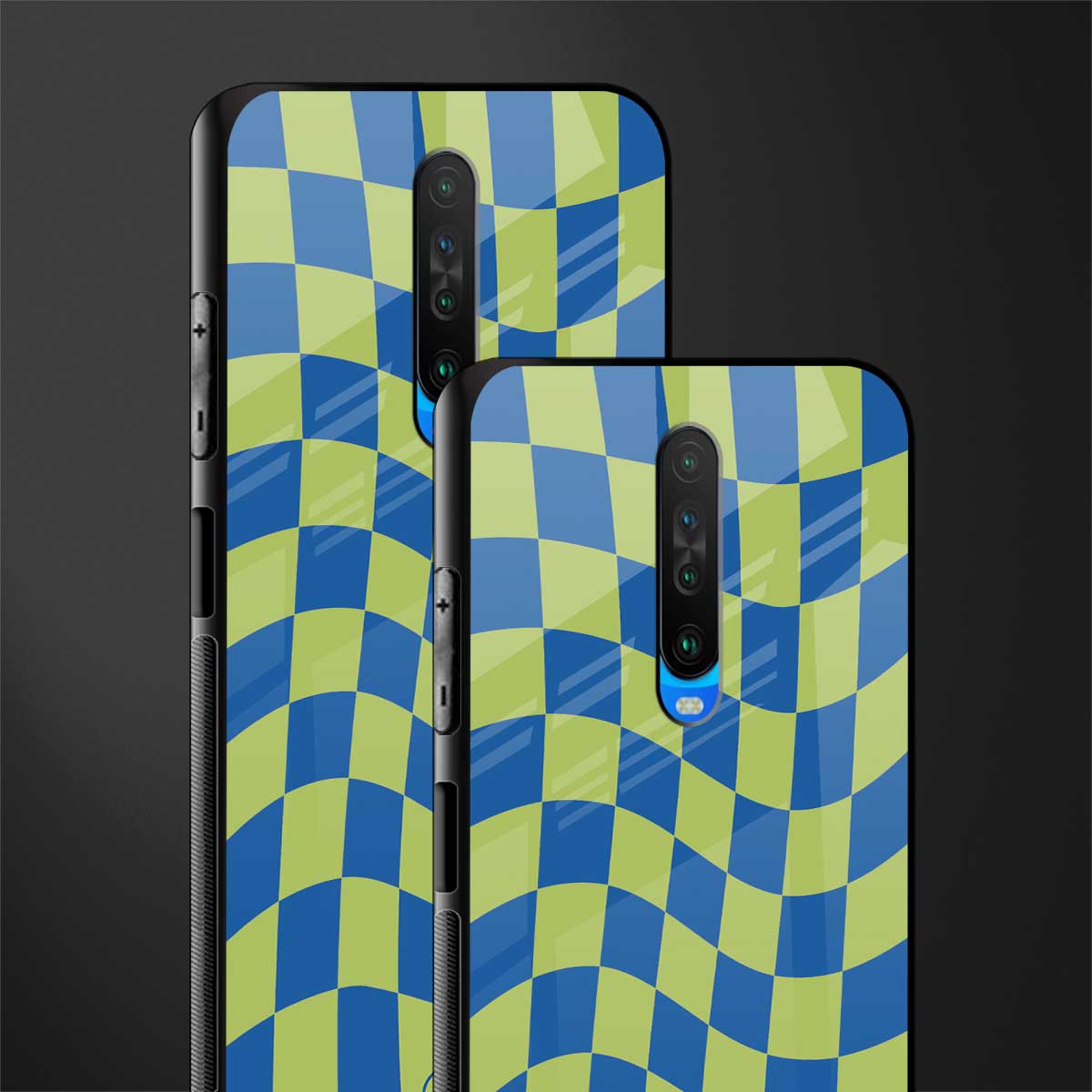 green blue trippy check pattern glass case for poco x2 image-2