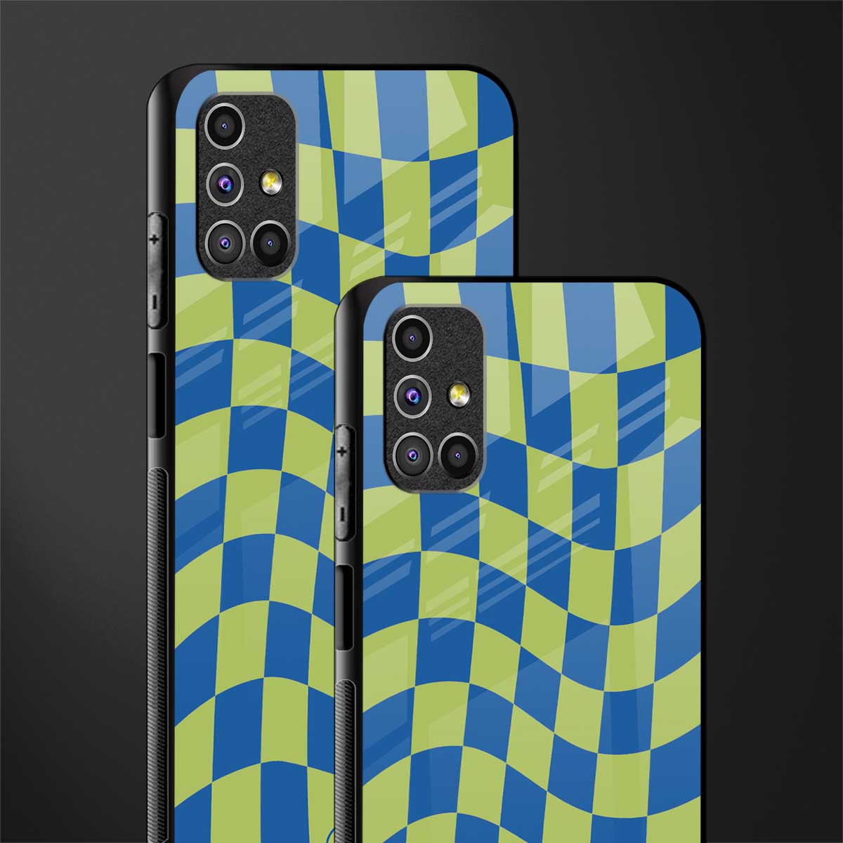green blue trippy check pattern glass case for samsung galaxy m51 image-2