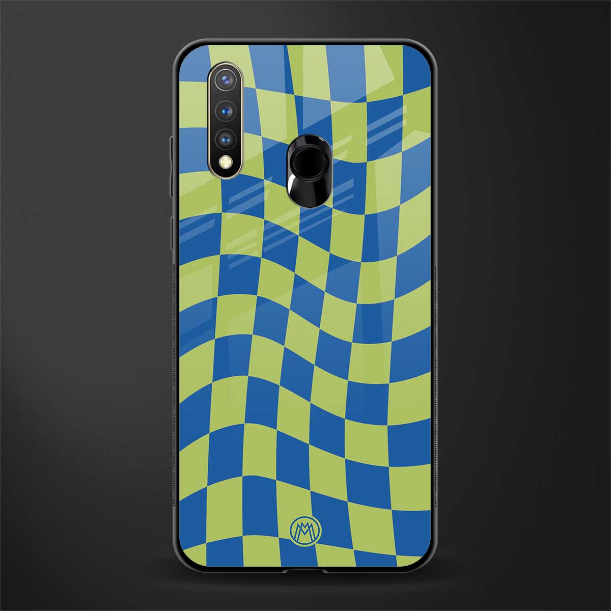 green blue trippy check pattern glass case for vivo u20 image