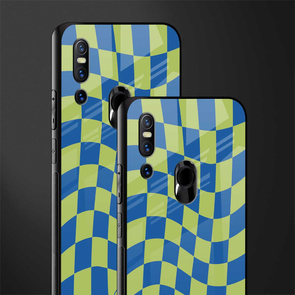 green blue trippy check pattern glass case for vivo v15 image-2
