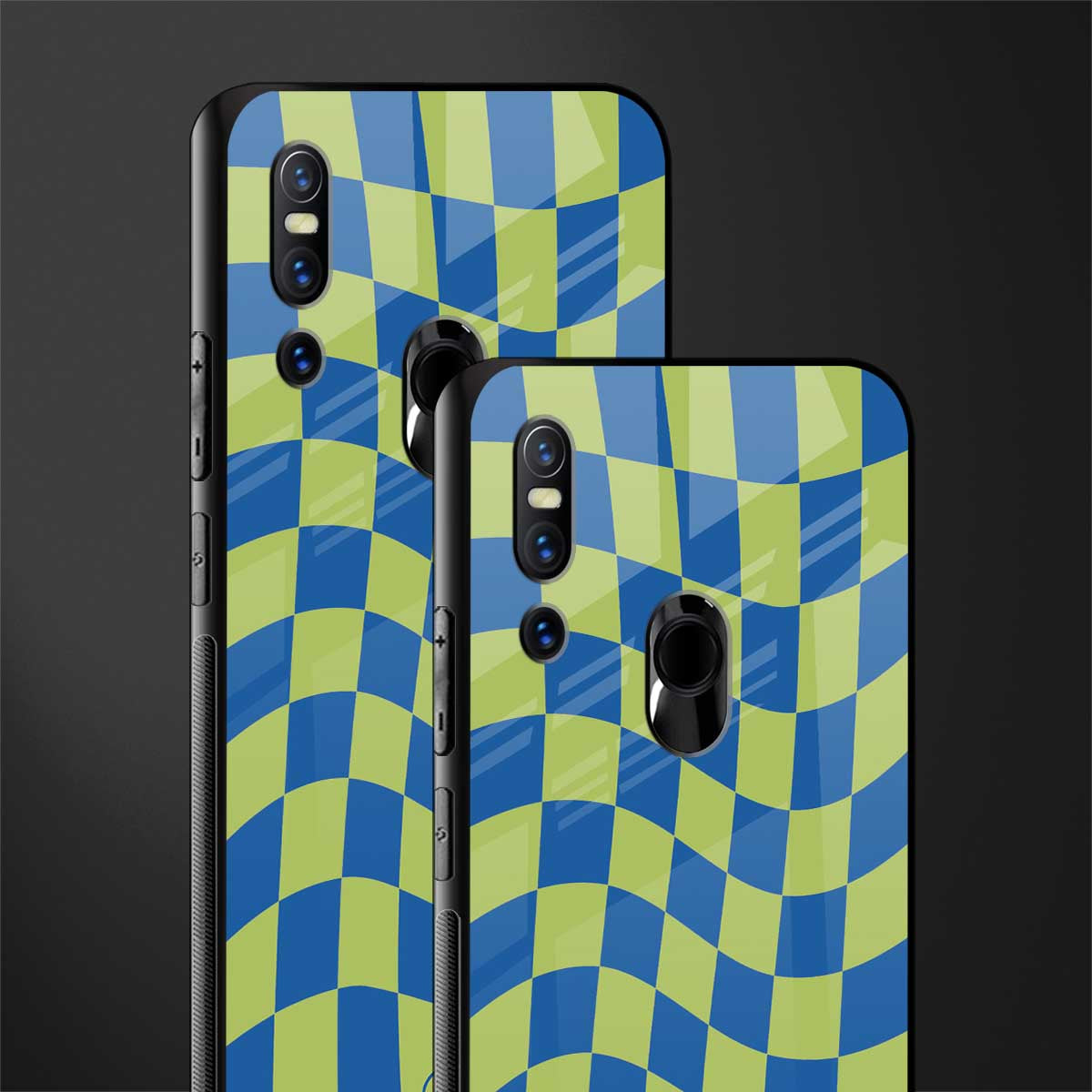 green blue trippy check pattern glass case for vivo v15 image-2