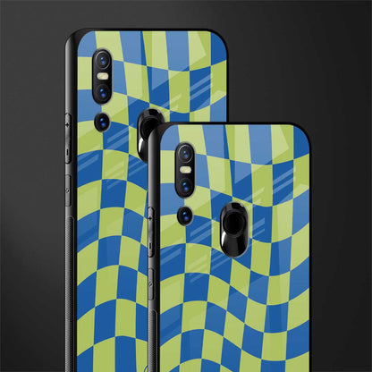 green blue trippy check pattern glass case for vivo v15 image-2