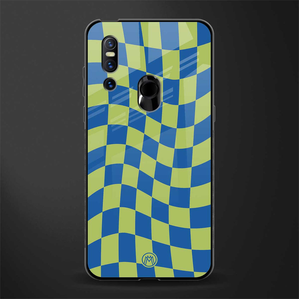 green blue trippy check pattern glass case for vivo v15 image