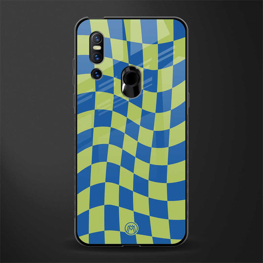 green blue trippy check pattern glass case for vivo v15 image