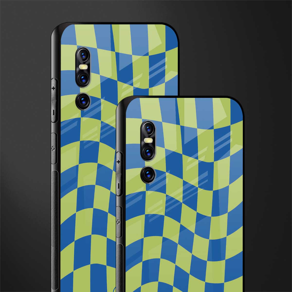green blue trippy check pattern glass case for vivo v15 pro image-2
