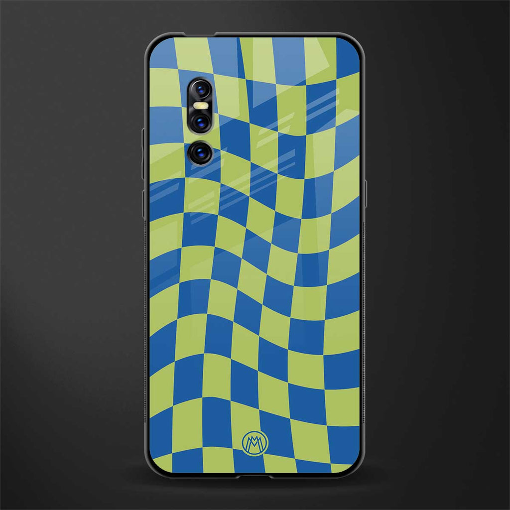 green blue trippy check pattern glass case for vivo v15 pro image