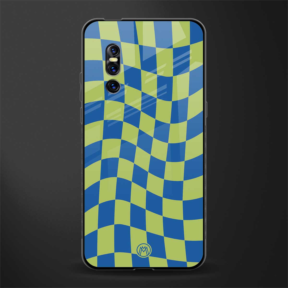 green blue trippy check pattern glass case for vivo v15 pro image