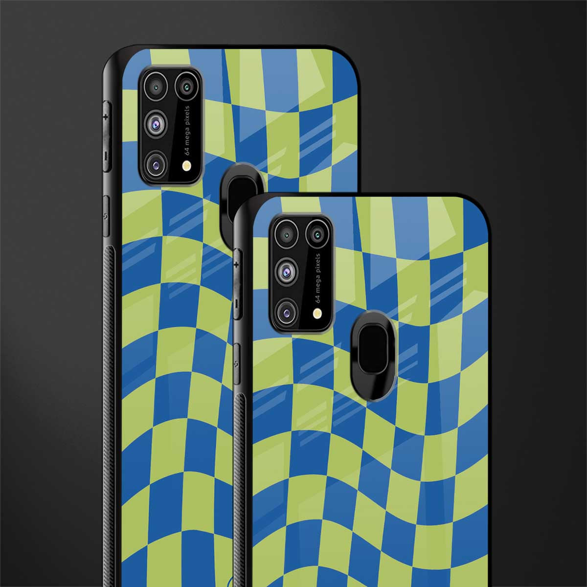green blue trippy check pattern glass case for samsung galaxy f41 image-2