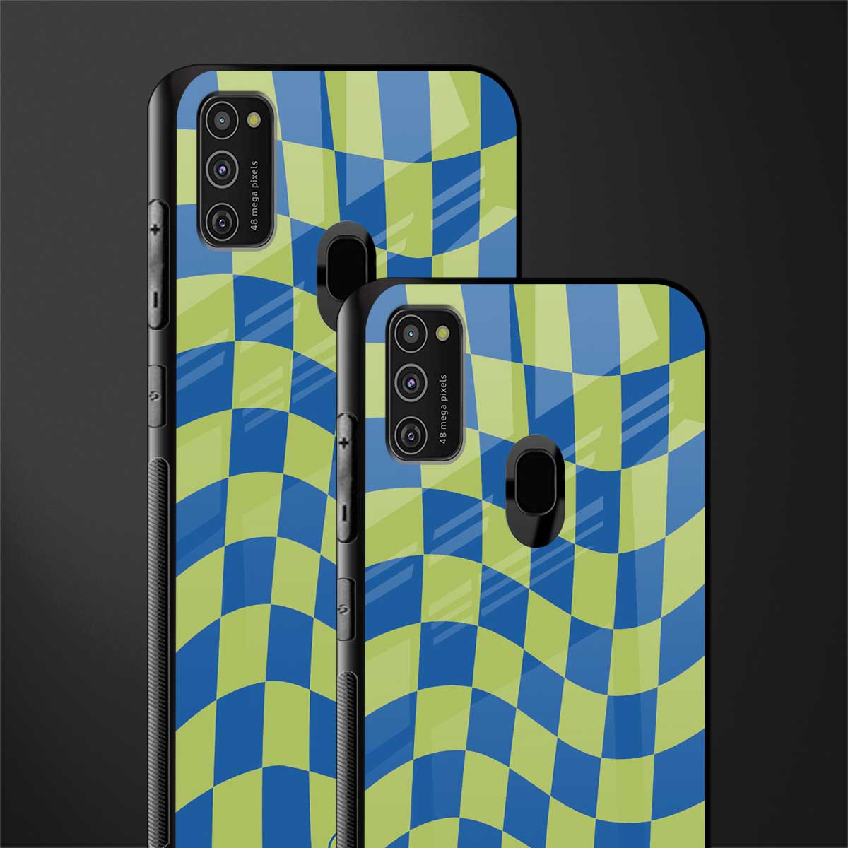 green blue trippy check pattern glass case for samsung galaxy m30s image-2