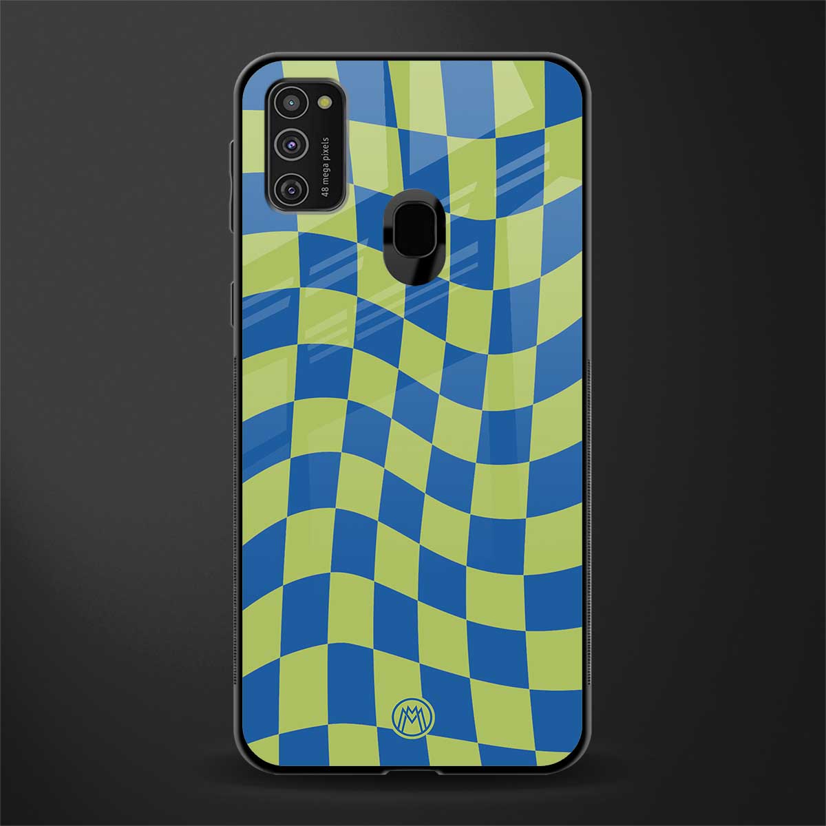 green blue trippy check pattern glass case for samsung galaxy m21 image