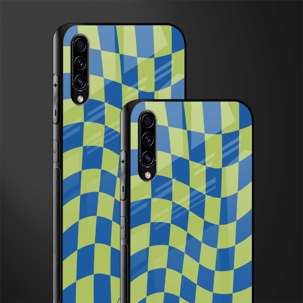 green blue trippy check pattern glass case for samsung galaxy a30s image-2